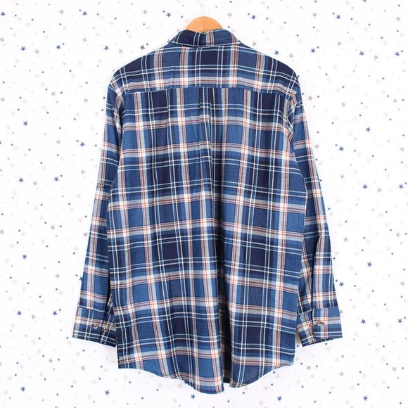 Boyfriend Plaid Shirt Button Up Navy Blue One Size - Picture 2 of 6